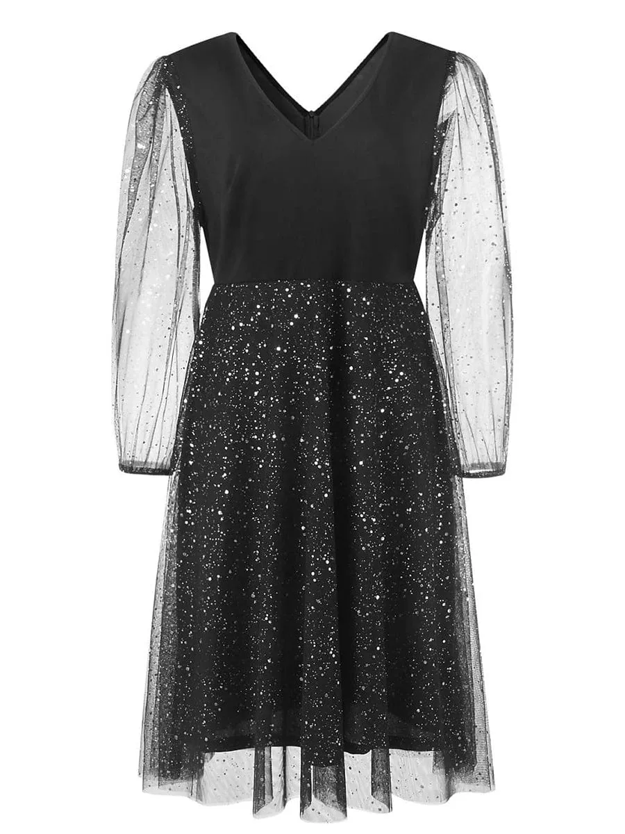 Stylish Plus Size Long Sleeve Polka Dot Mesh Holiday Dress for Women