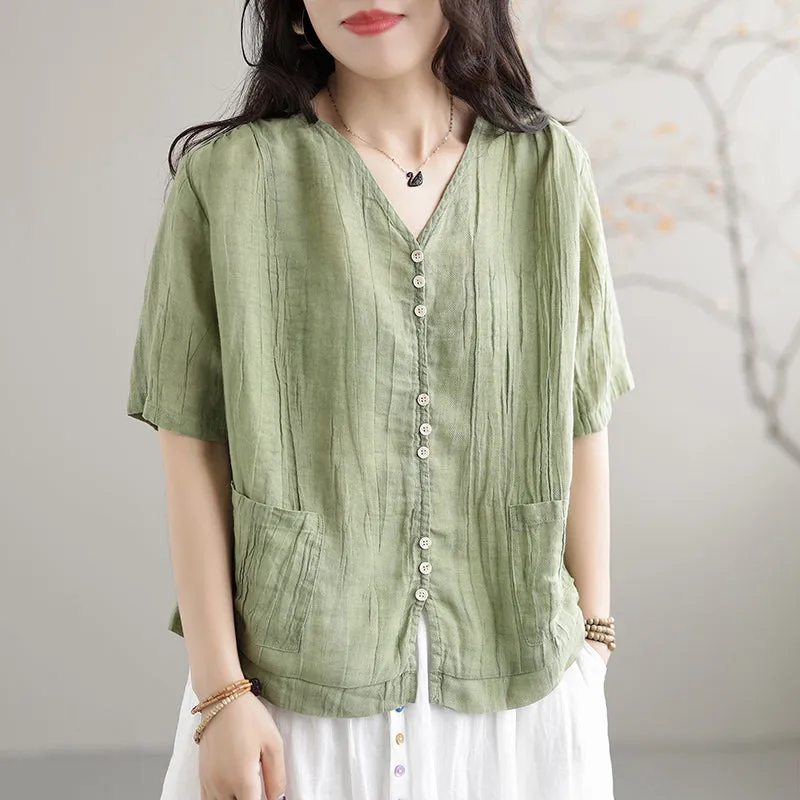 Summer Retro Pleated Solid Loose Linen V-Neck Blouse