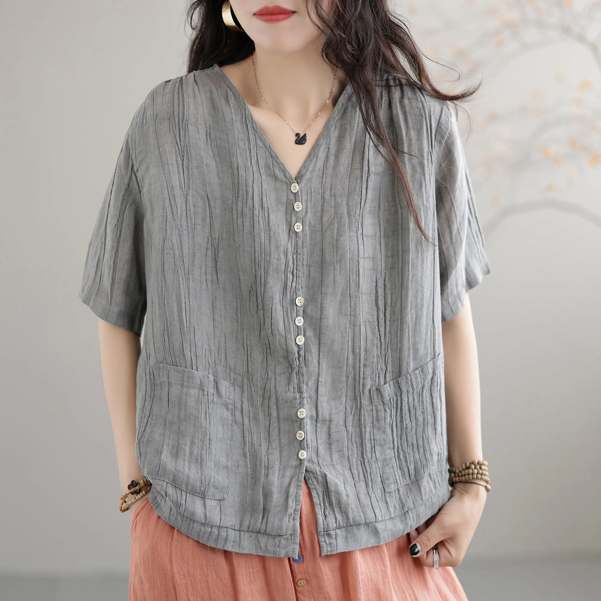 Summer Retro Pleated Solid Loose Linen V-Neck Blouse