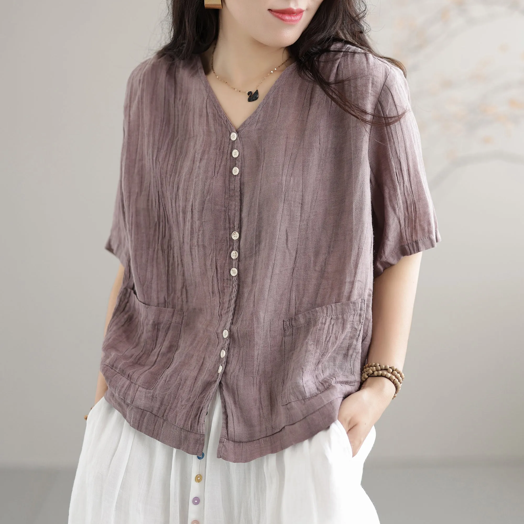 Summer Retro Pleated Solid Loose Linen V-Neck Blouse