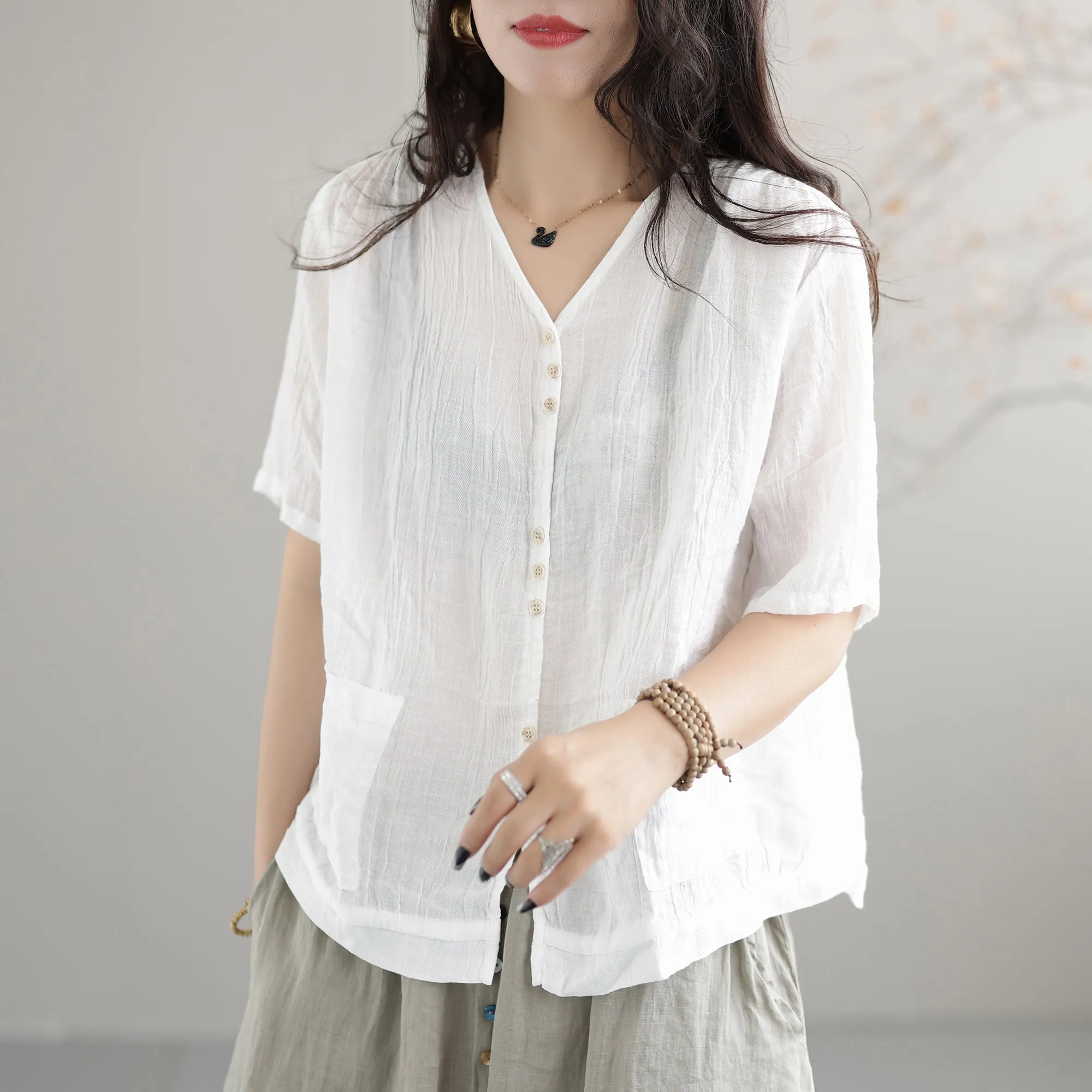 Summer Retro Pleated Solid Loose Linen V-Neck Blouse