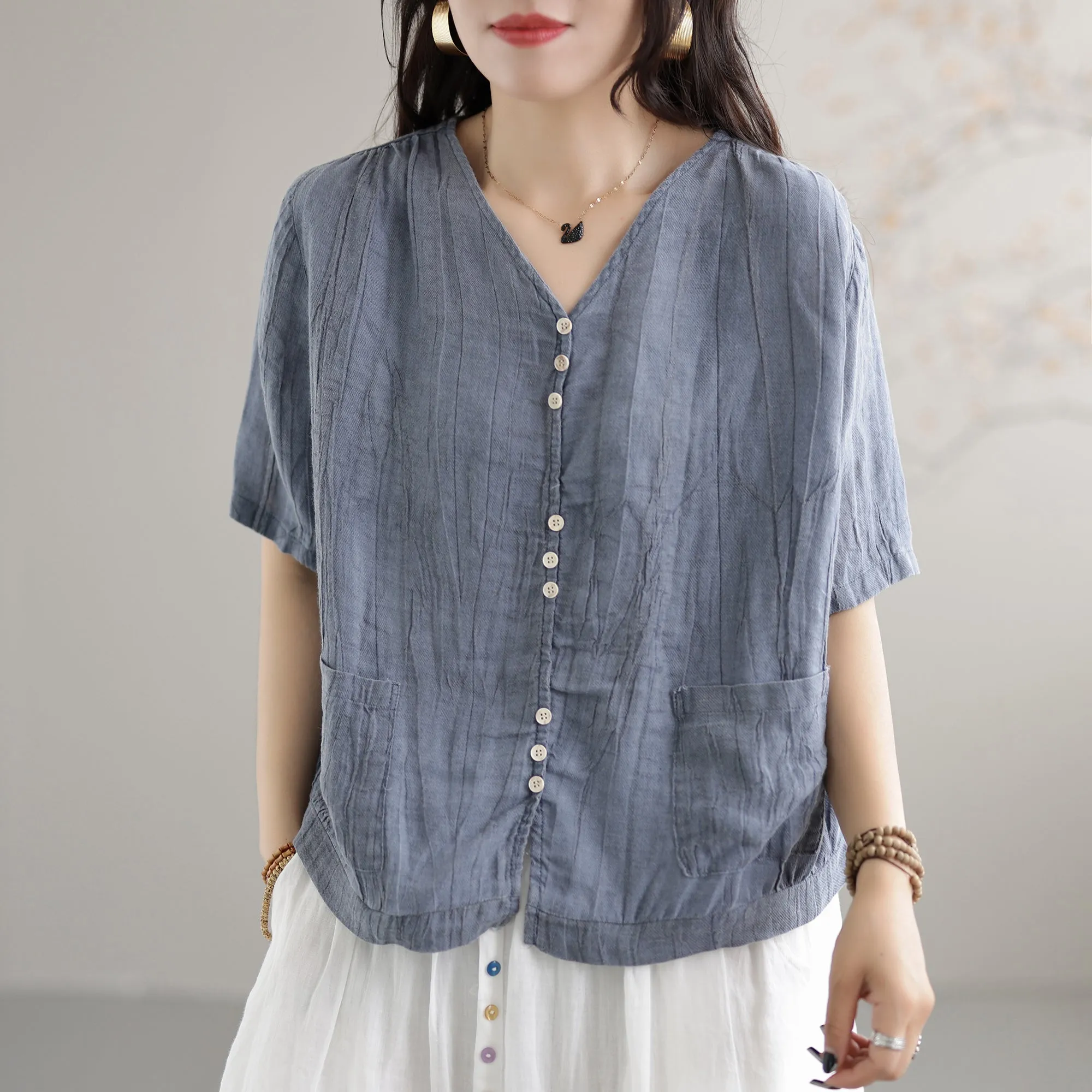 Summer Retro Pleated Solid Loose Linen V-Neck Blouse