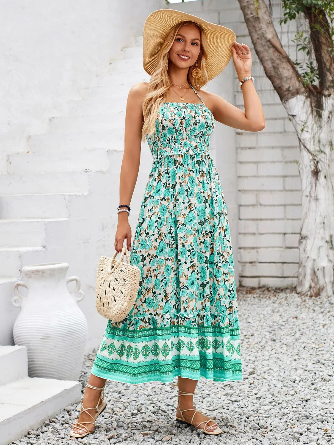 Sunset Vacation Printed Halter Neck Midi Dress