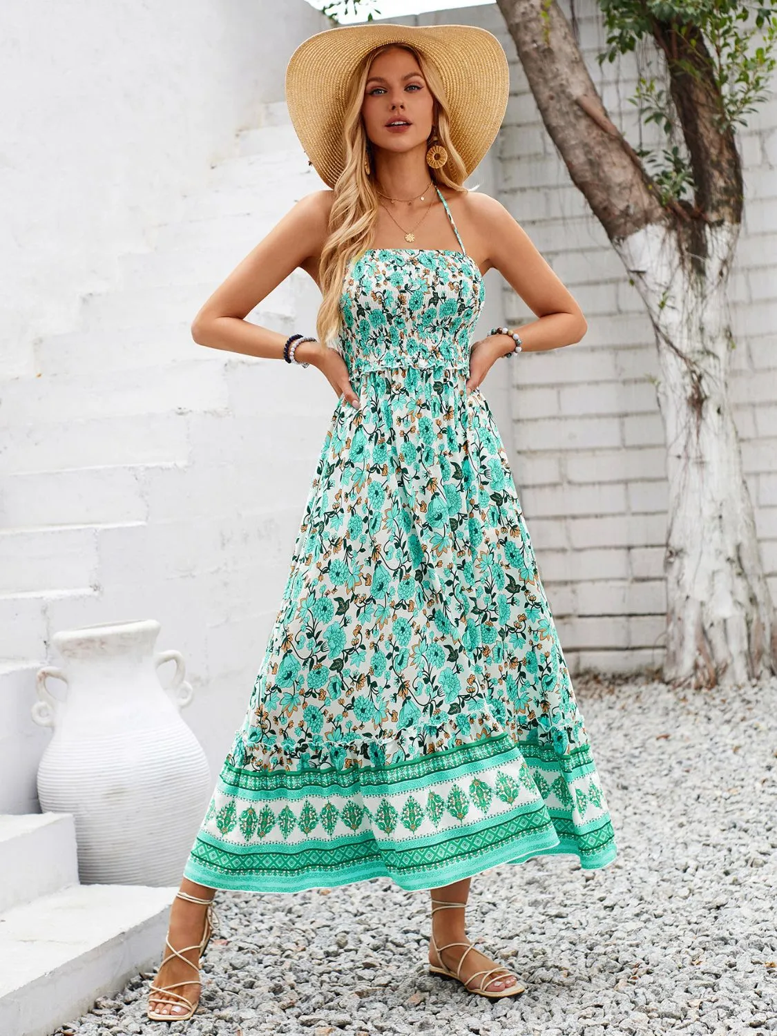 Sunset Vacation Printed Halter Neck Midi Dress