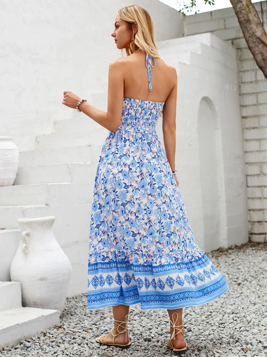 Sunset Vacation Printed Halter Neck Midi Dress