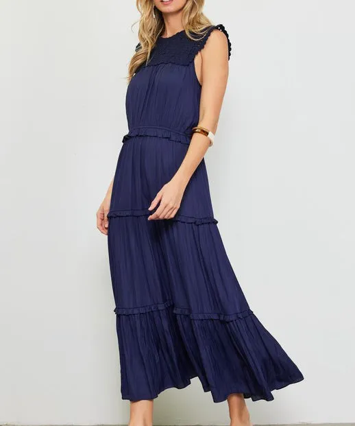 Tiered Maxi Dress with Lace Detailing -  Navy