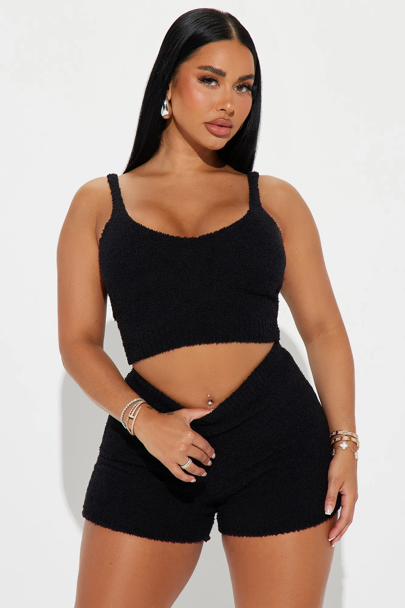 Unbothered Mood Cozy Short Set - Black