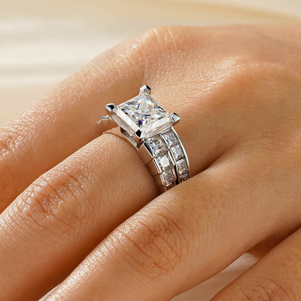 Unique Three Stone Princess-Cut Moissanite Bridal Set in Sterling Silver