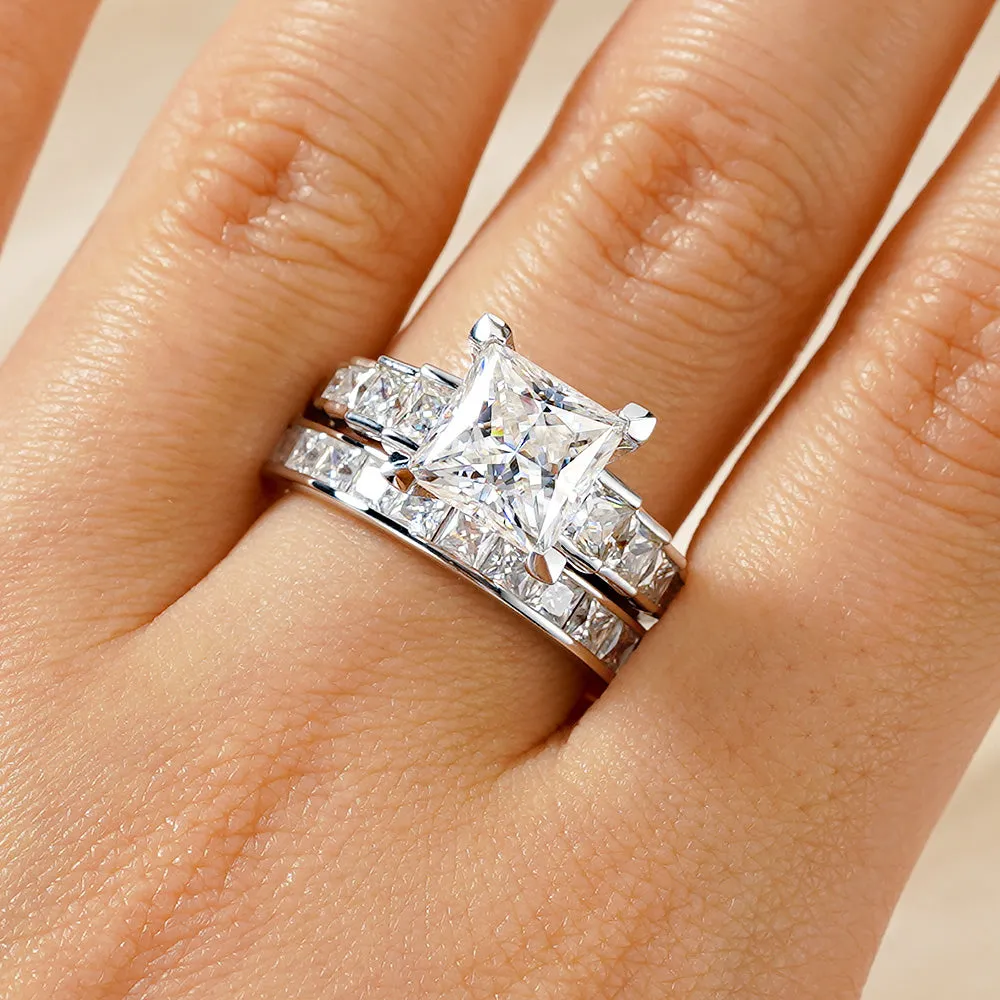 Unique Three Stone Princess-Cut Moissanite Bridal Set in Sterling Silver