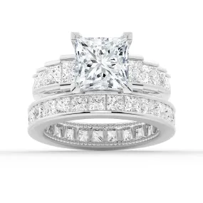 Unique Three Stone Princess-Cut Moissanite Bridal Set in Sterling Silver