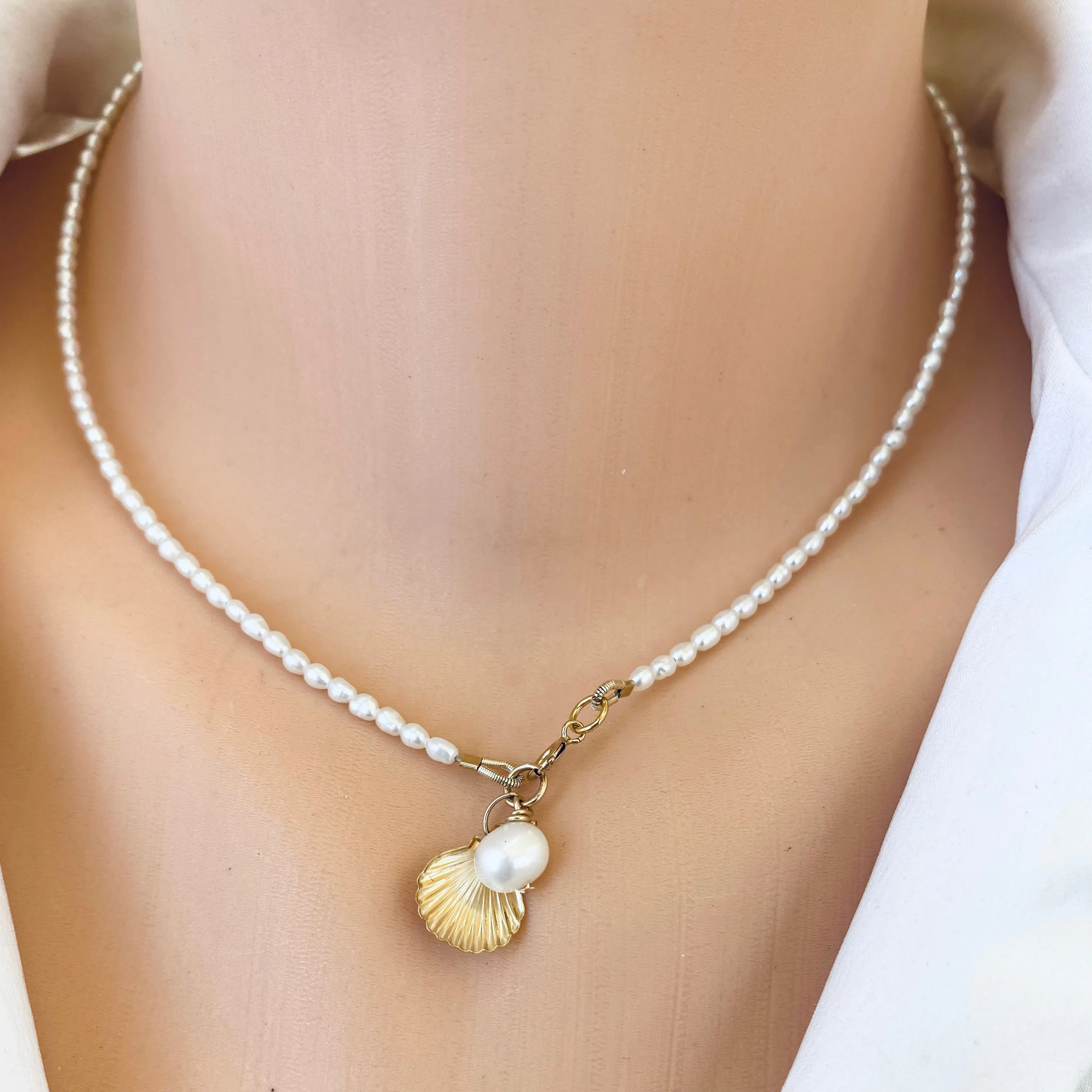 White Mini Rice pearl Necklace with Sea Shell Charm, Gold Filled, 16inches Dainty Pearl Necklace