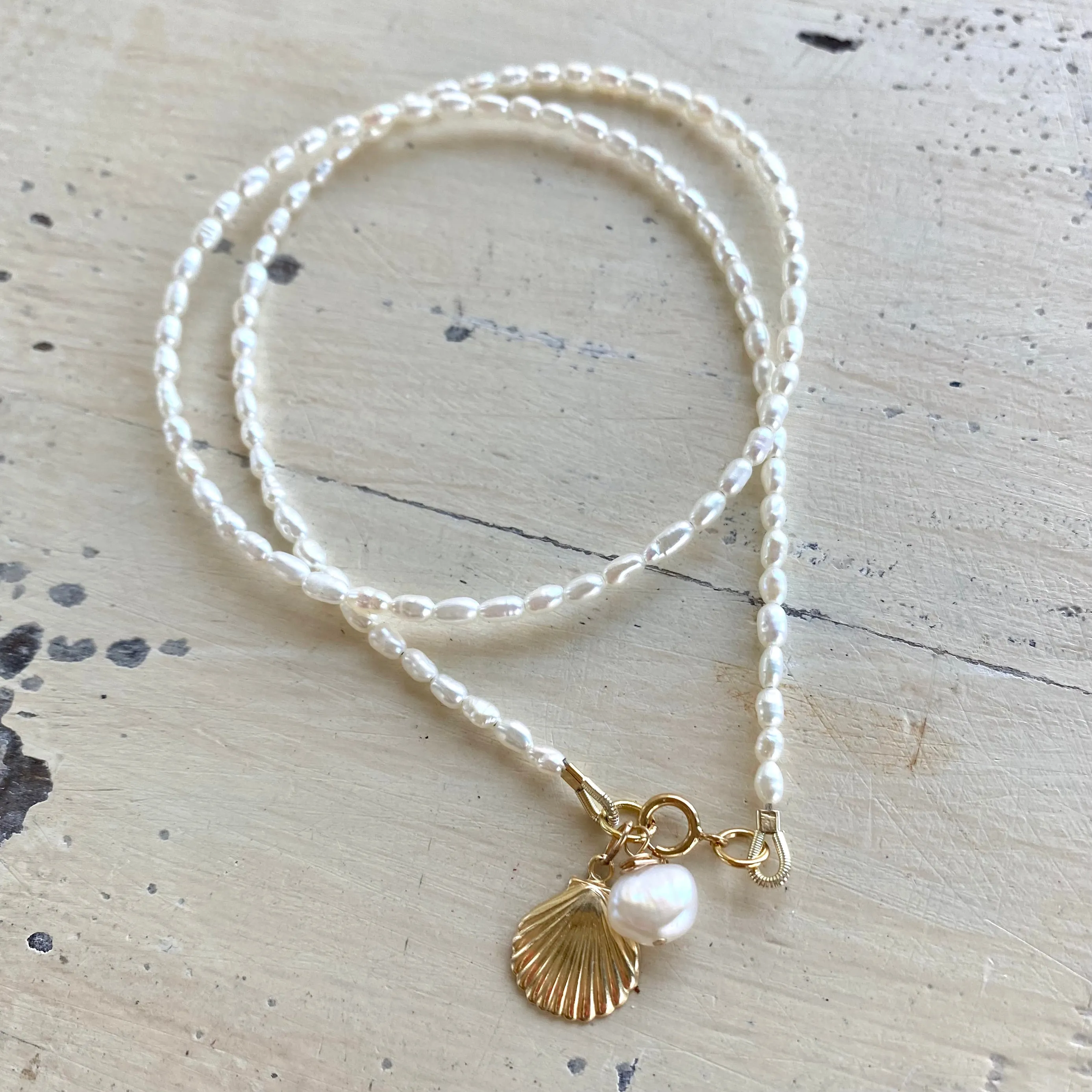 White Mini Rice pearl Necklace with Sea Shell Charm, Gold Filled, 16inches Dainty Pearl Necklace