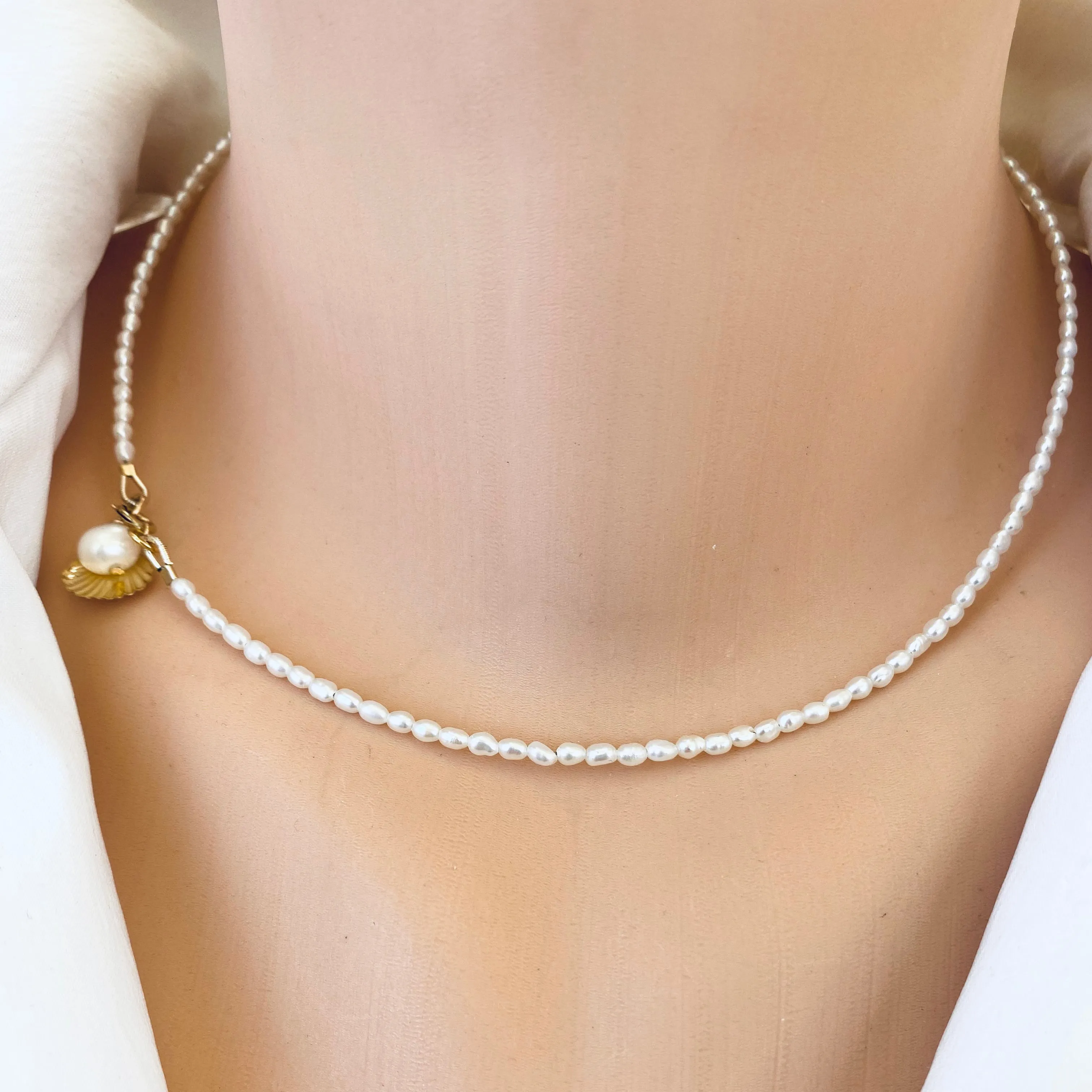 White Mini Rice pearl Necklace with Sea Shell Charm, Gold Filled, 16inches Dainty Pearl Necklace