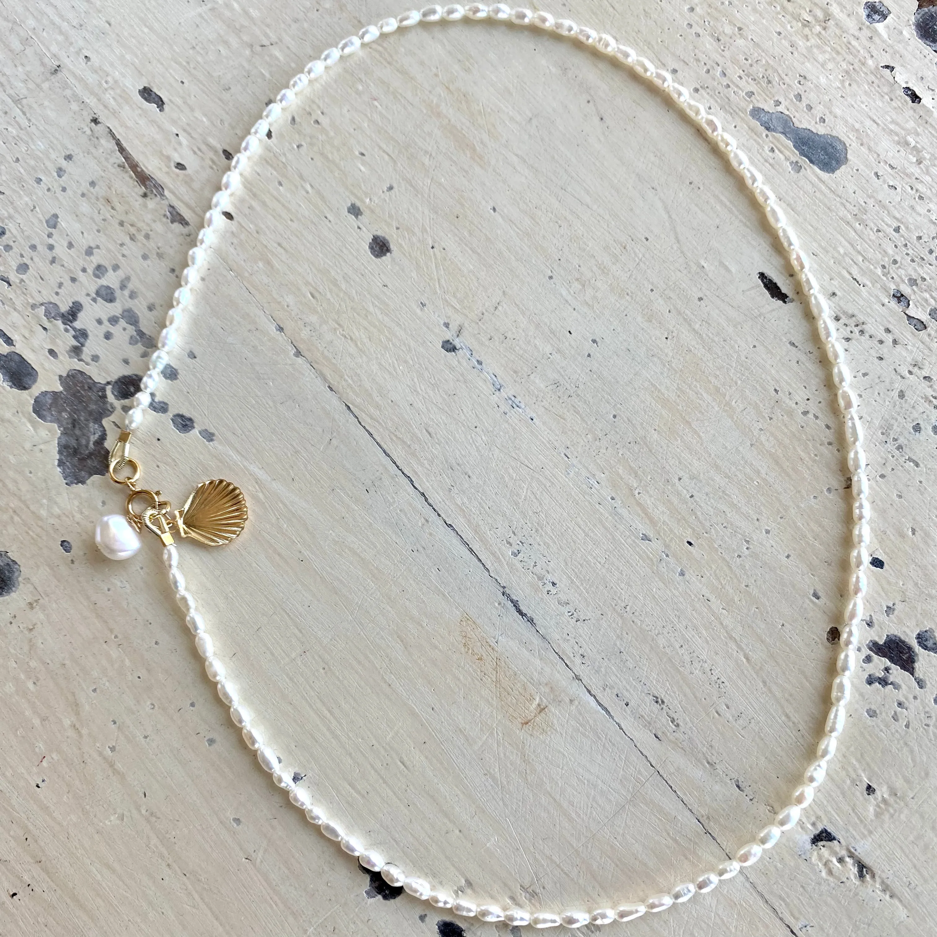 White Mini Rice pearl Necklace with Sea Shell Charm, Gold Filled, 16inches Dainty Pearl Necklace