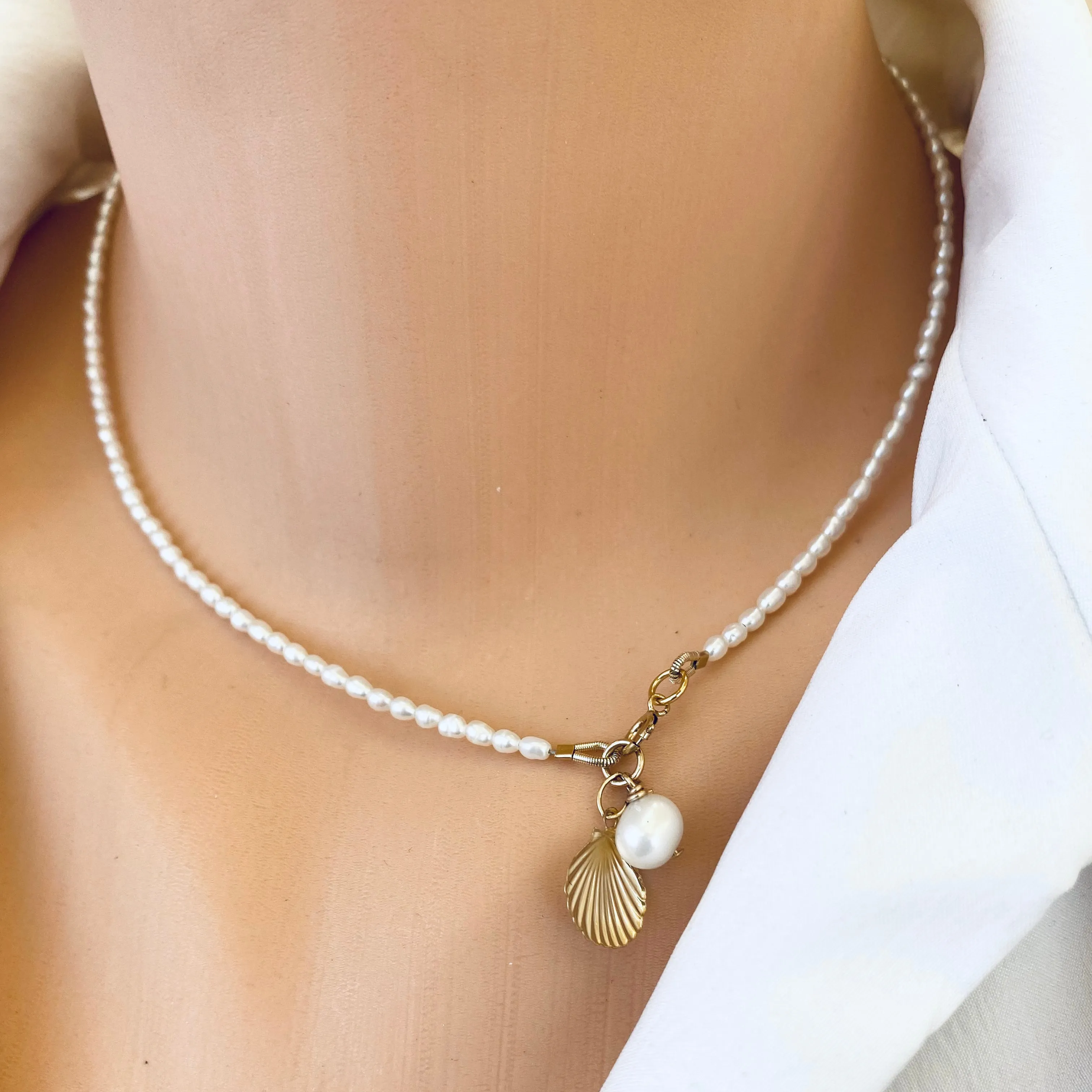 White Mini Rice pearl Necklace with Sea Shell Charm, Gold Filled, 16inches Dainty Pearl Necklace