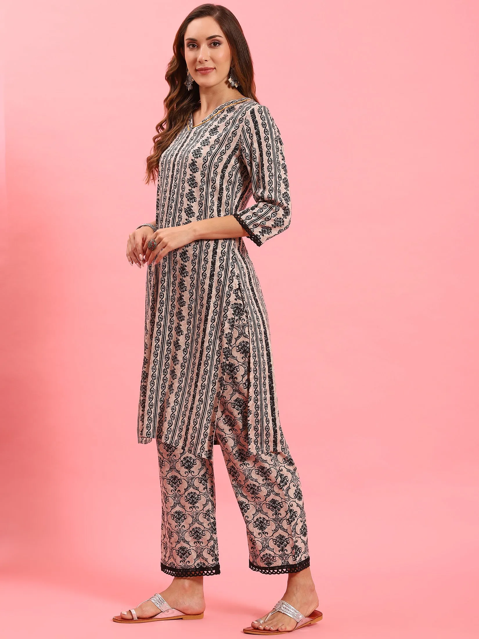 Women Beige Ornamental Printed Kurta With Comfort Pant