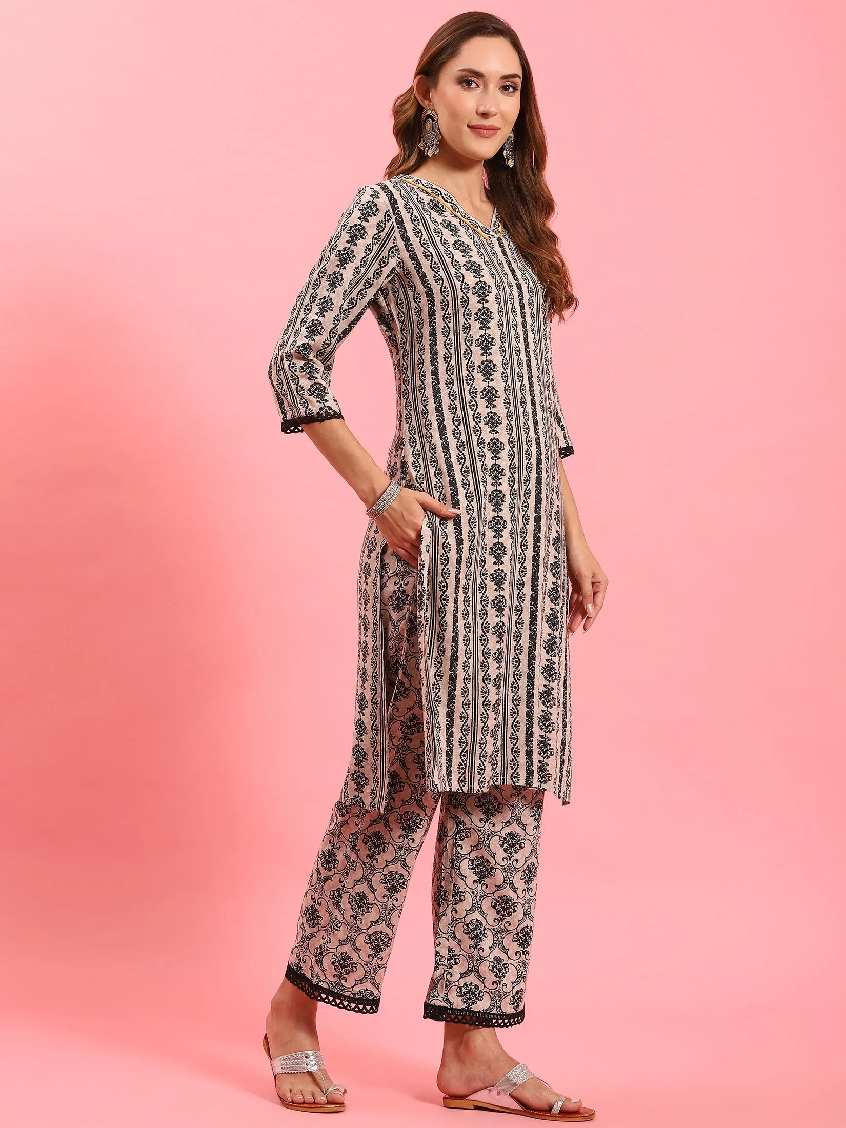 Women Beige Ornamental Printed Kurta With Comfort Pant