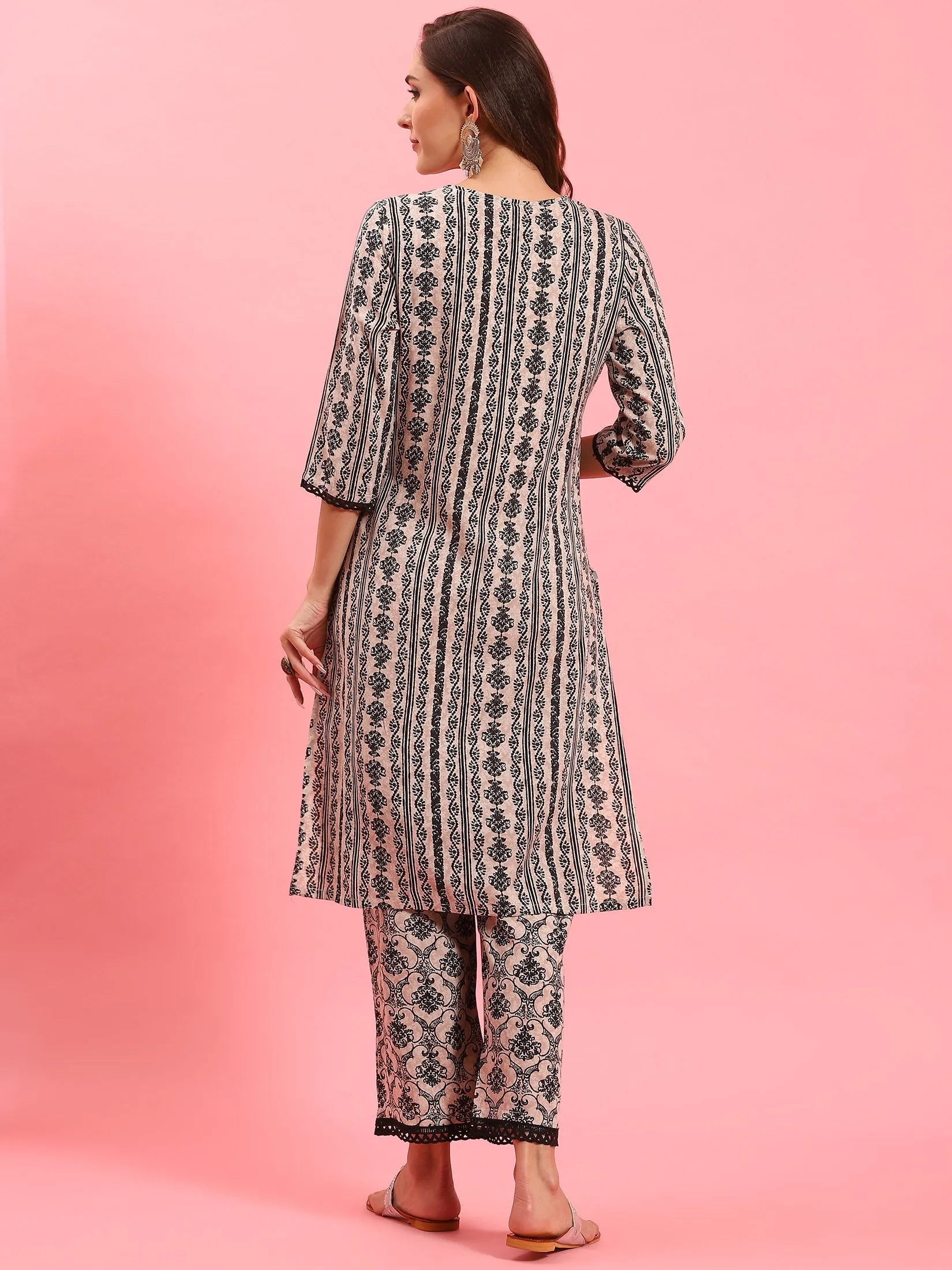 Women Beige Ornamental Printed Kurta With Comfort Pant