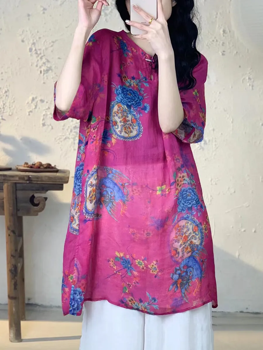 Women Summer Vintage Flower Long Ramie Shirt PA1013