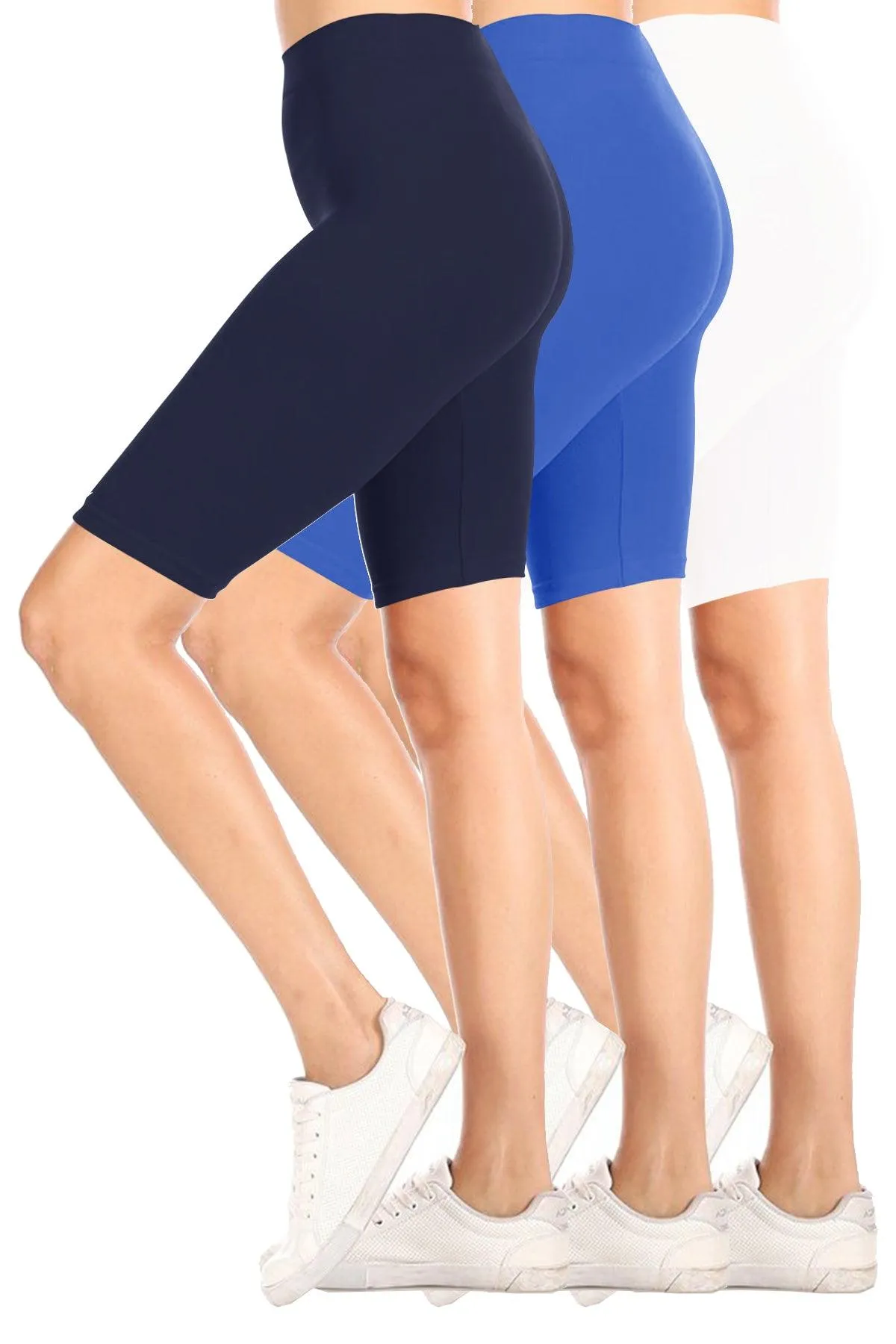 Women's Casual High Waist Stretch Basic  Mid Thigh Active Biker Shorts Pants (Pack of 3)