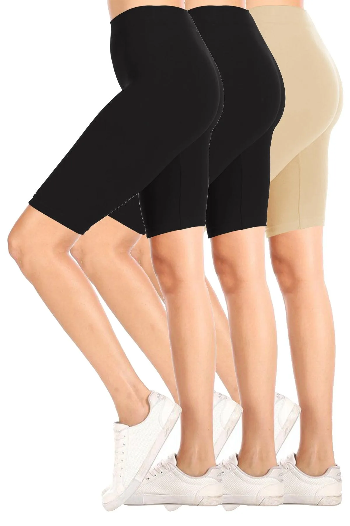 Women's Casual High Waist Stretch Basic  Mid Thigh Active Biker Shorts Pants (Pack of 3)