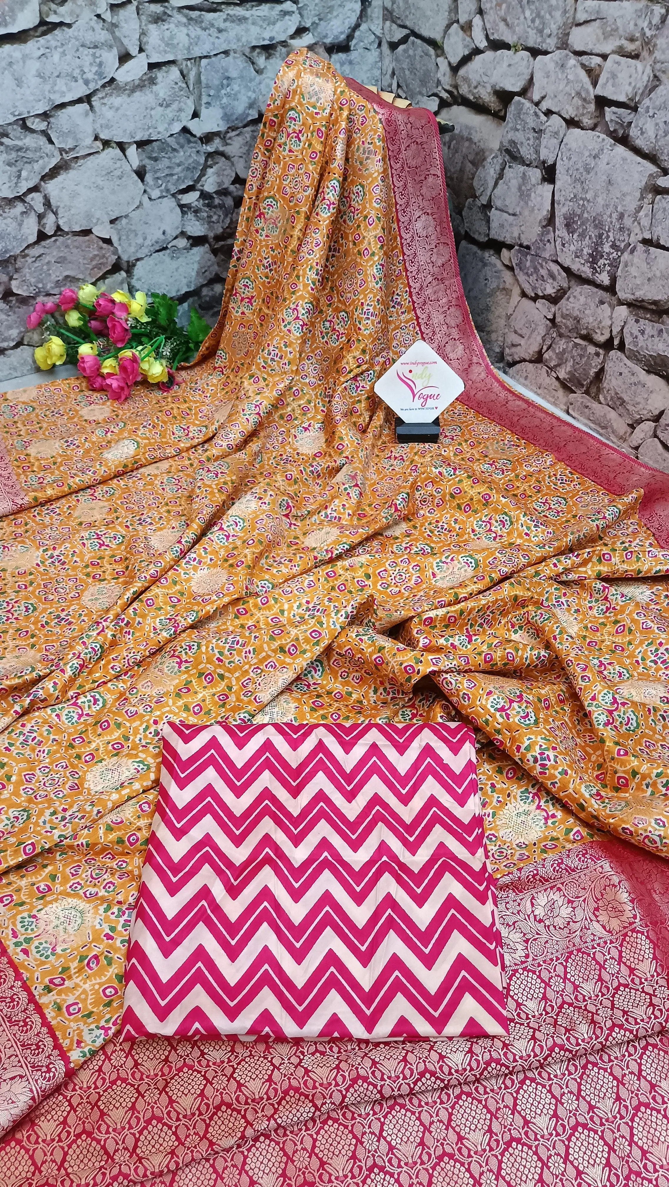 Yellow and Magenta Color Muga Silk with Ikkat  Print