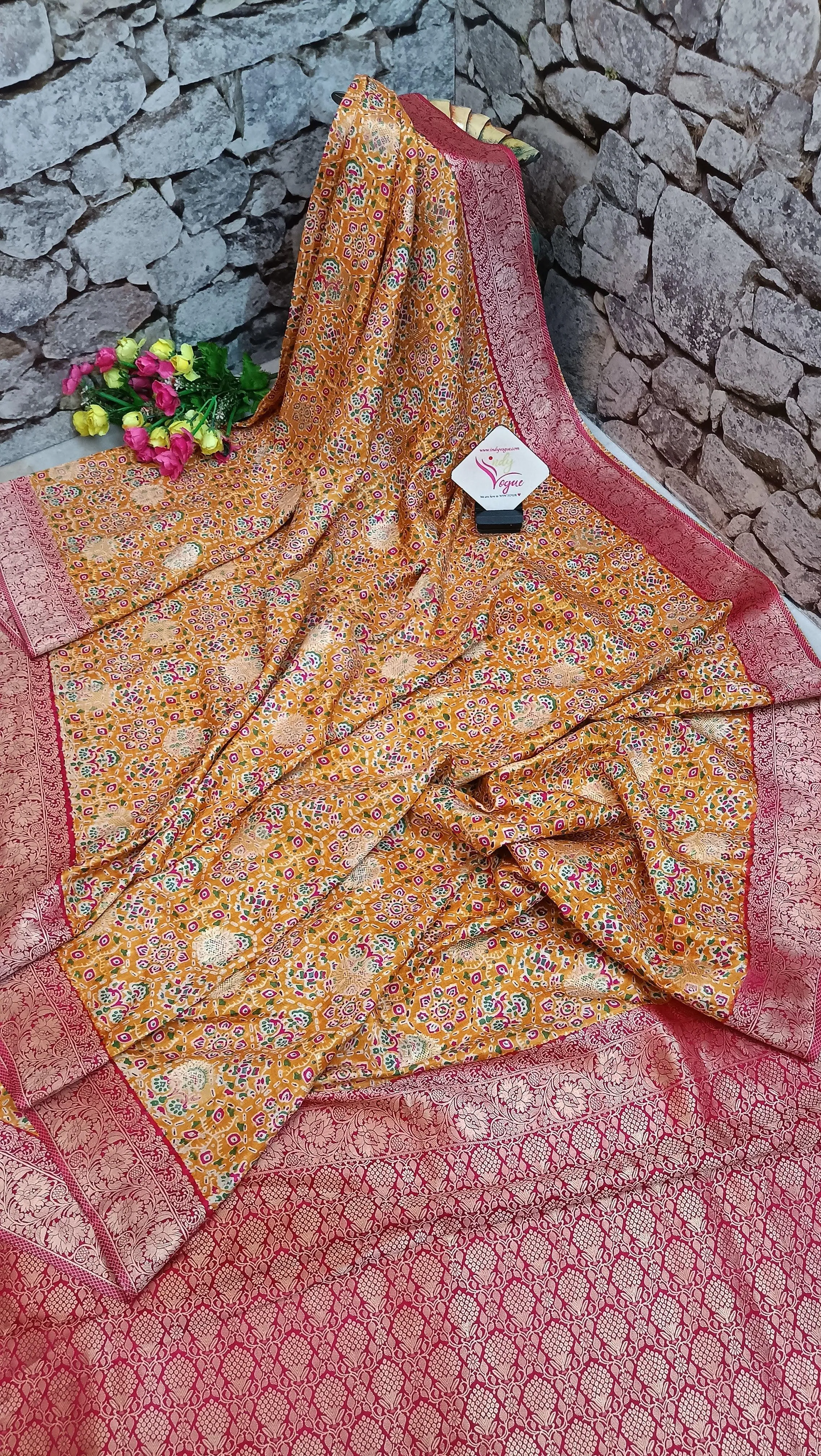 Yellow and Magenta Color Muga Silk with Ikkat  Print