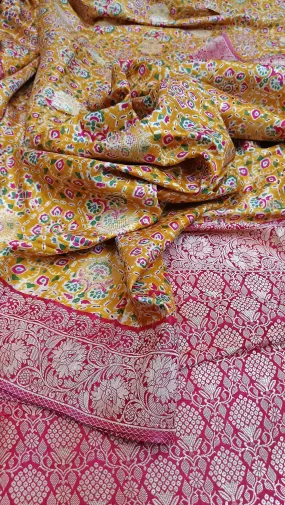 Yellow and Magenta Color Muga Silk with Ikkat  Print