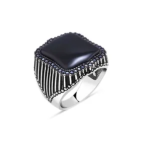 Zircons Around Black Onyx Stone Hexagonal Silver Men's Ring Siding Stripe Pattern